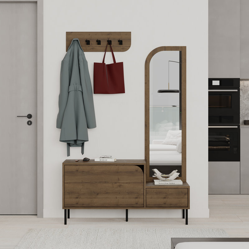 Bernett Hall Tree 112 Wide Coat Stand with Mirror & Shoe Cabinet, Dark Oak