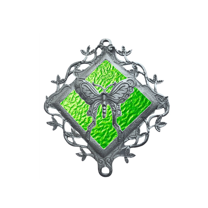 Carillon éolien - papillon vitrail 36 po - verre vert - tube, Vert / noir