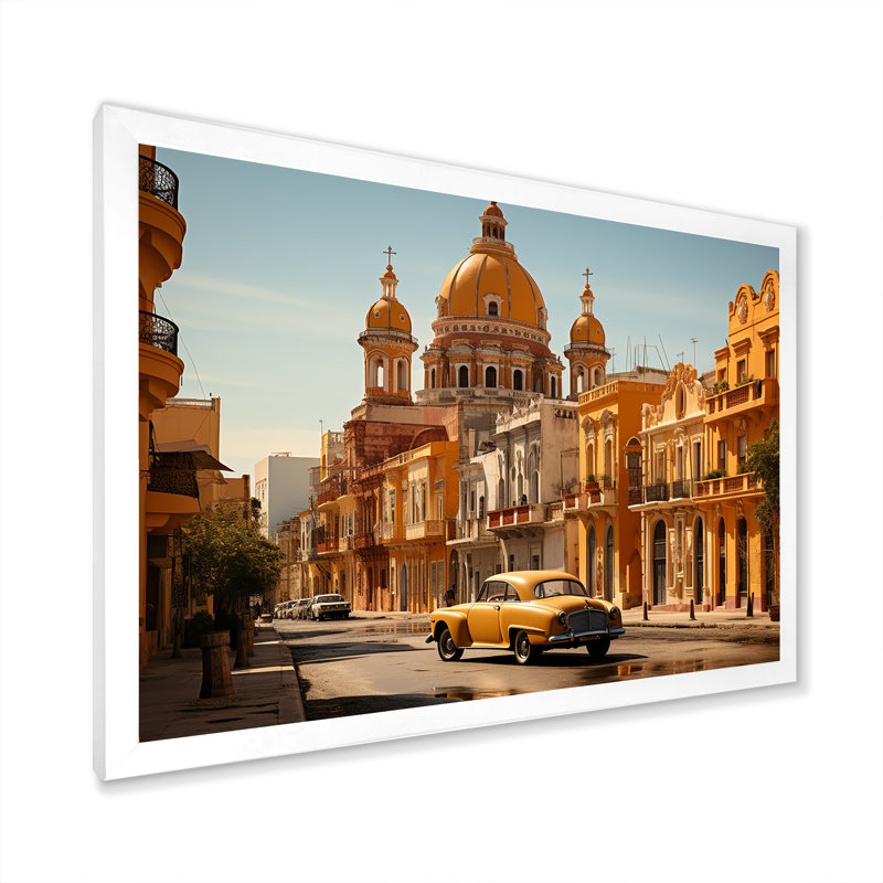 Architecture coloniale jaune de Cuba I, Cadre simple blanc, H 30 po x l 40 po x P 1,5 po