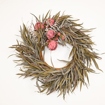 Couronne florale artificielle de 26 po avec baies de blé et pivoines pour porte d'entrée