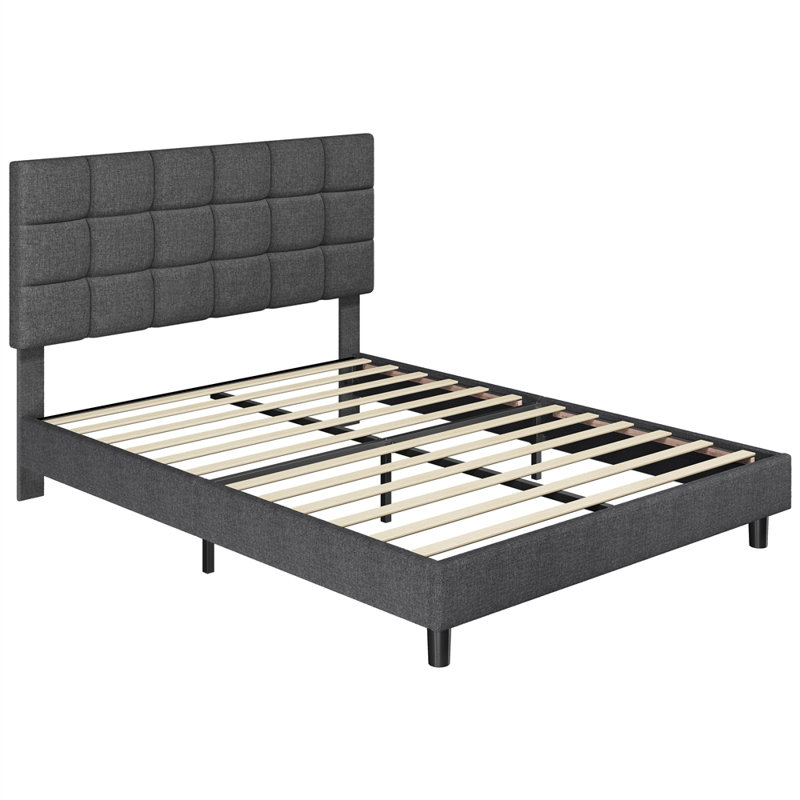 Size Modern Upholstered Bed Frame with Adjustable Square Tufted Headboard, Double (4'6), Dark Grey