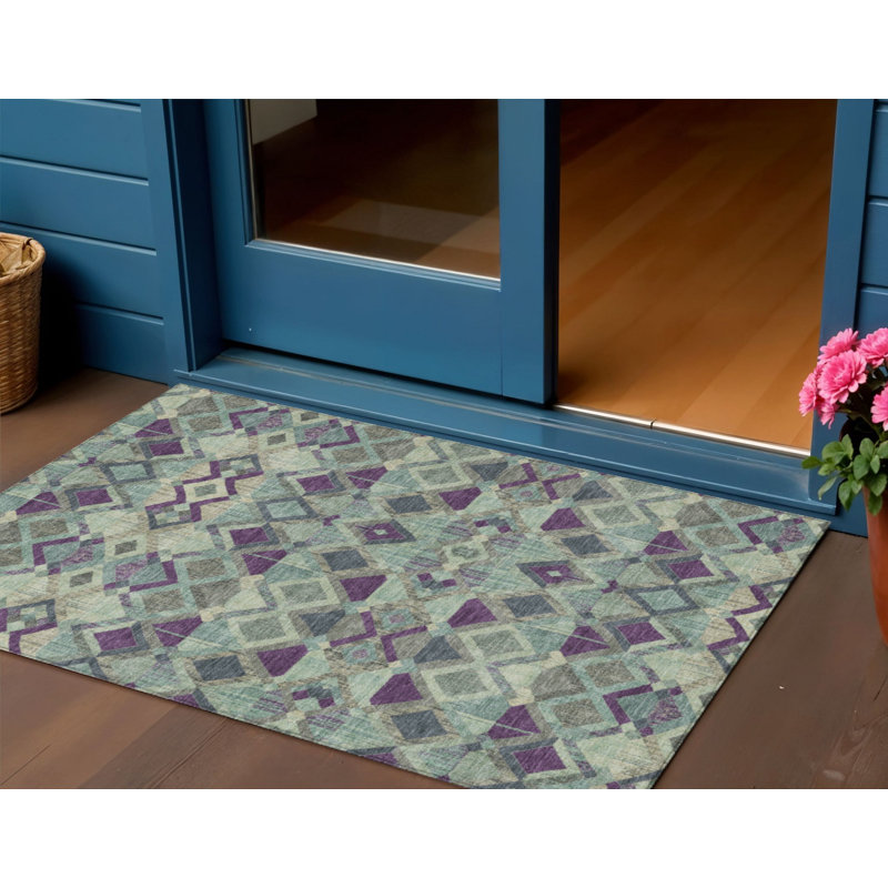 3' X 5' Blue And Purple Geometric Washable Indoor Outdoor Area Rug