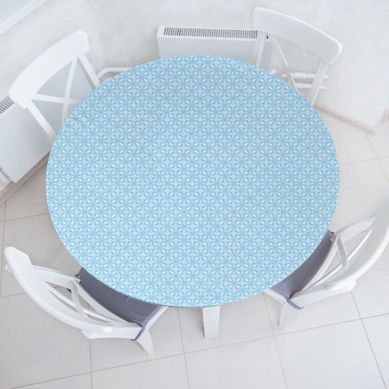 Ambesonne Abstract Fitted Round Tablecloth Pale Azure Blue and White, 51.97" Round