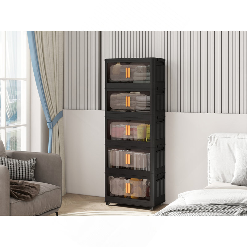 Black, 24" Side Wide Folding Storage Cabinet ,5 Tiers,23.62"×13.78"×59.84",Collapsible Storage Bins With Magnetic Door, Plastic Storage Cabinet With Wheels