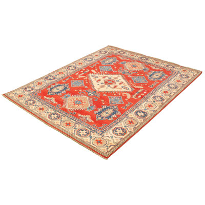 Tapis unique en laine noué à la main de style Gazni rouge / beige des années 2010 de 6 pi 5 po x 9 pi Qaiden