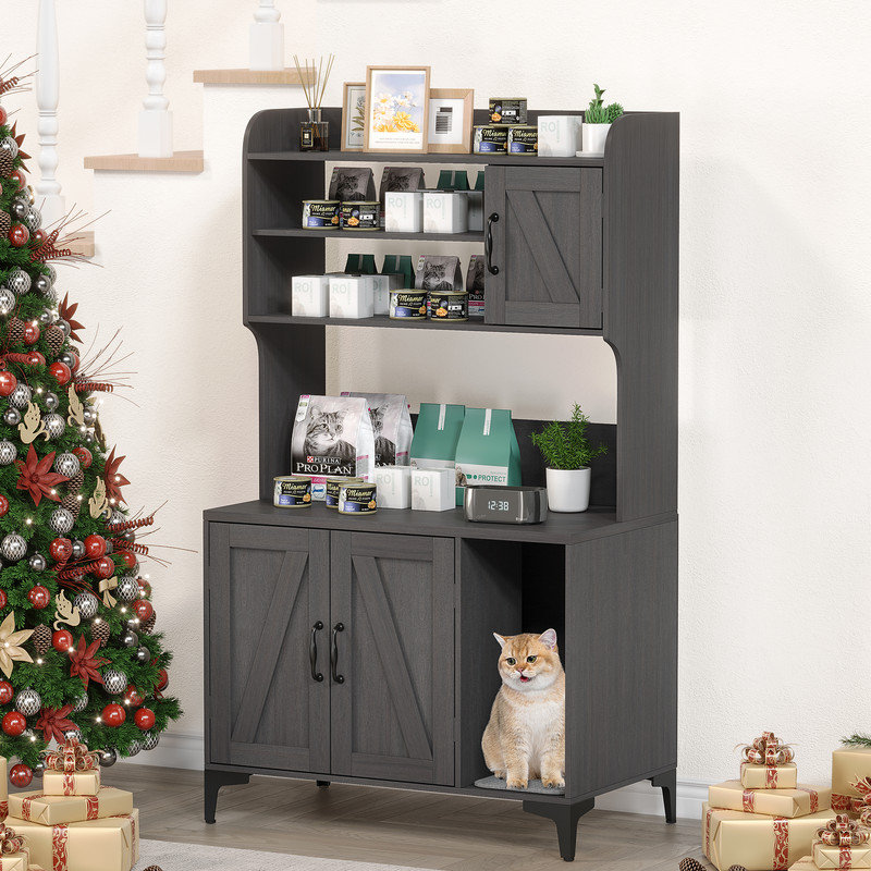 Cat Litter Box Enclosure with 4-Layer Storage Shelves, 51 in Wood Hidden Litter Box Furniture with Scratch Pad, Multi-Functional Indoor Cat House Furniture for Living Room Bedroom