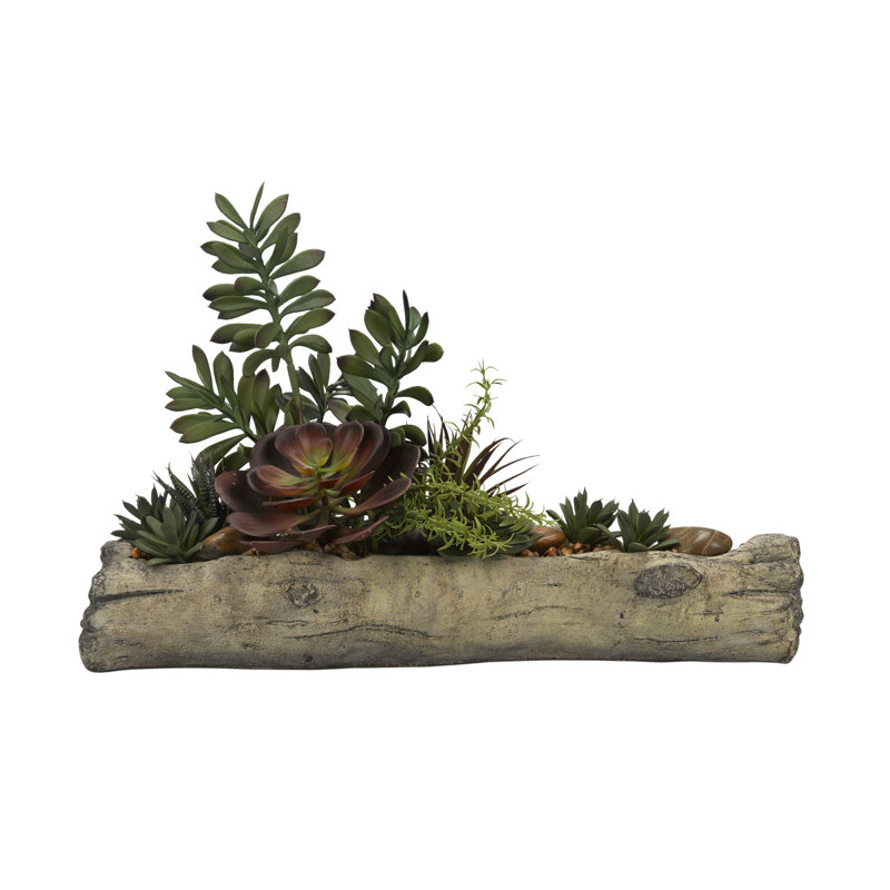 Faux Assorted Succulents Succulent in Solid Wood Planter
