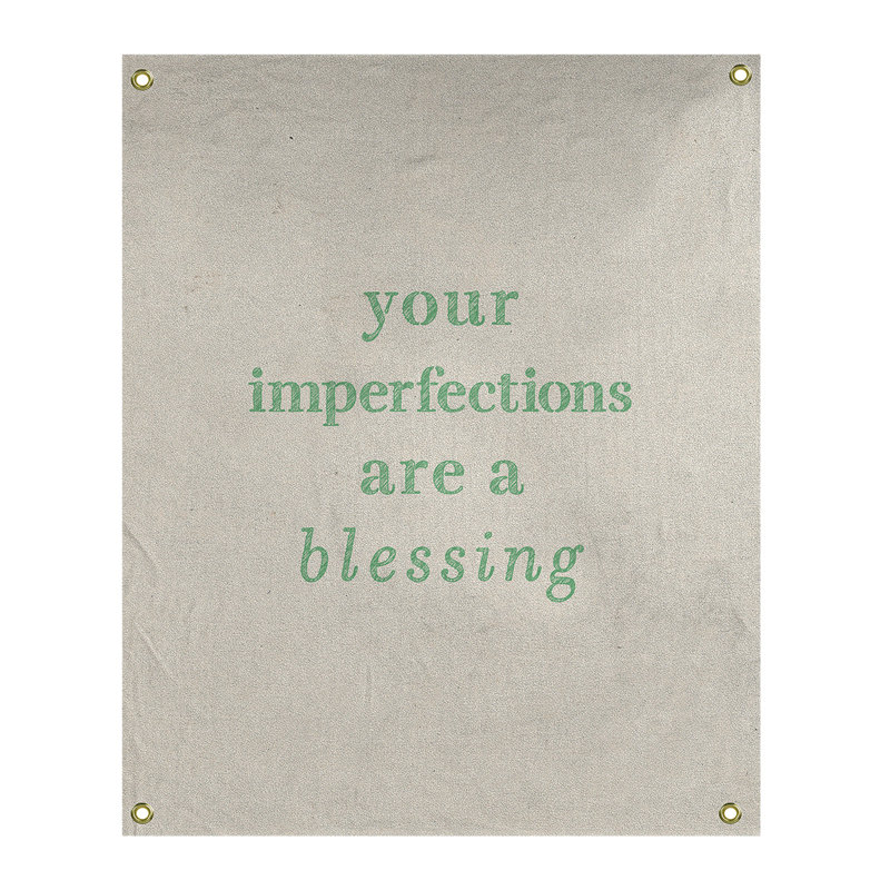 Tapisserie citation d’imperfections écrites en polyester, Blanc / Vert, H 80 po x l 59 po