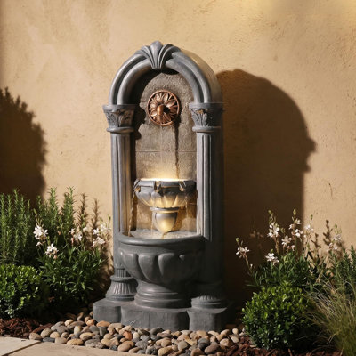 Classical Roman Column Arch Wall Cascading Water Fountain with LED Lights, 33.5" Tall Resin Outdoor Water Feature for Garden Patio Decor