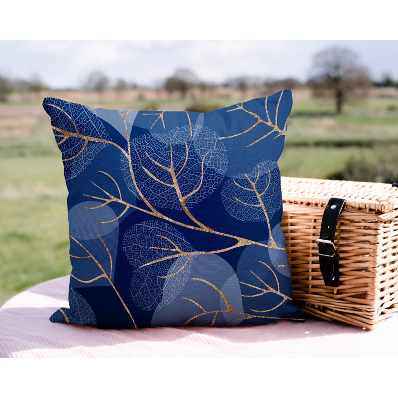 Coussin décoratif intérieur / extérieur Baka Leafs, 19 po x l 19 po, Bleu marine/doré