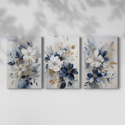 Étude florale CIV - Ensemble de 3 toiles tendues avec châssis - Prêt à être accroché