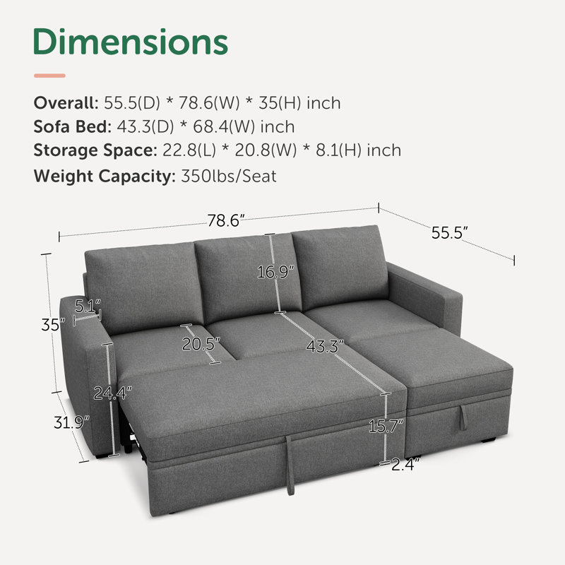 L-Shaped Sleeper Sectional Sofa with Storage, Light Gray Polyester