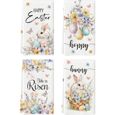 Lapin, lapin, œufs, panier de fleurs, papillon, printemps de Pâques, essuie-tout, décoration de maison de campagne, nettoyage d'été