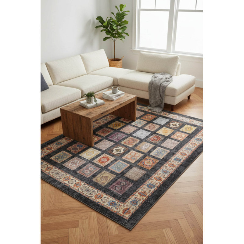 Tapis marocain noir décoratif rétro, Carré 8 pi 3 po