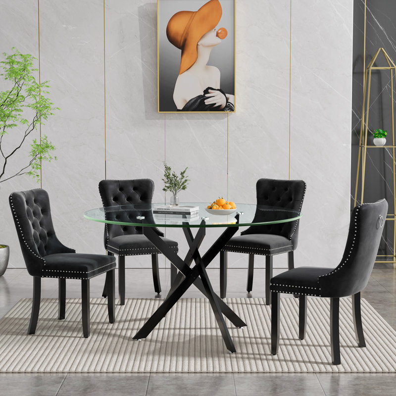 5 Piece Round Glass Dining Table Set for 4, Modern 47.25" Glass Kitchen Table, Tufted Velvet Upholstered Dining Chair, Circle Dining Table and Chairs Set for Dining Room