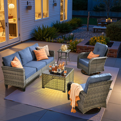 5 Piece Outdoor Wicker Swivel Rocking Chairs With Solar Powered Coffee Table, All Weather High Back Sofa Set, Patio Furniture Set With Cushions
