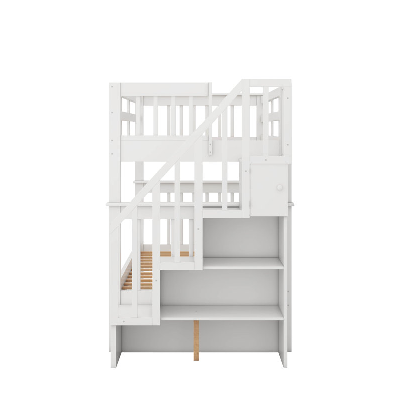 Lit superposé simple au-dessus de simple avec garde-corps et rangement Stairway, Blanc