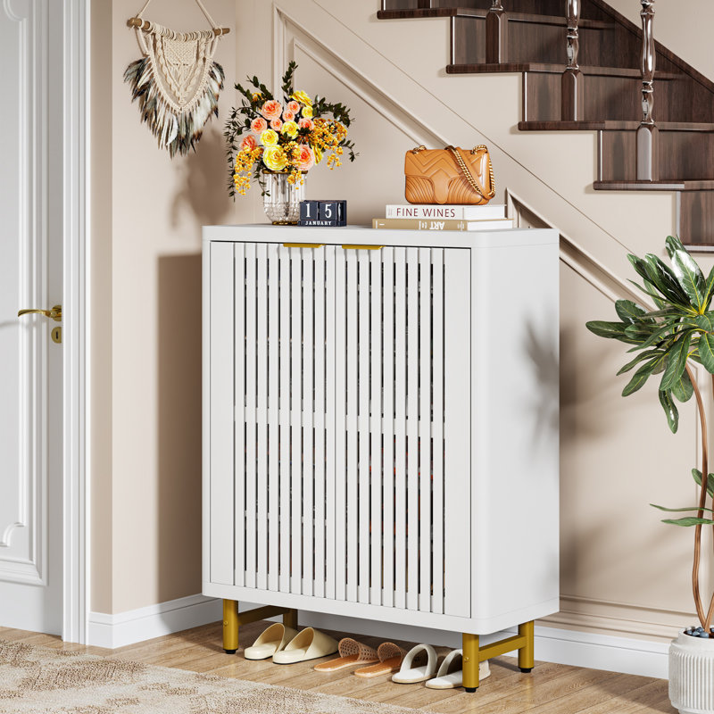 Armoire de rangement pour chaussures avec 2 portes à volets Acanthe, Blanc / Doré