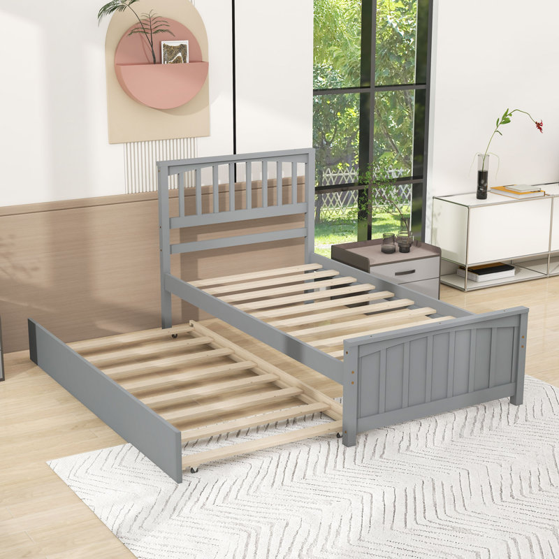 Lit plateforme simple en bois avec lit gigogne simple, Gris