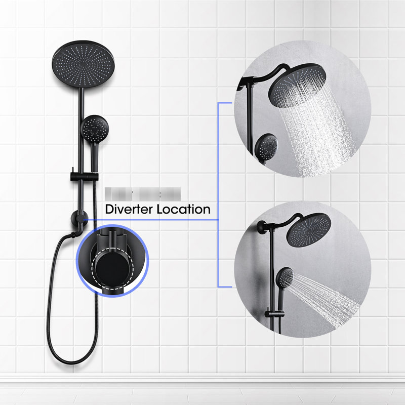 5-setting Slide Bar Shower System - Matte Black Dual Head 1.8 Gpm Wall Mounted Adjustable Spray Pattern Resists Corrosion & Discoloration Spa Handheld Diverter Valve Swivel Spout Holes