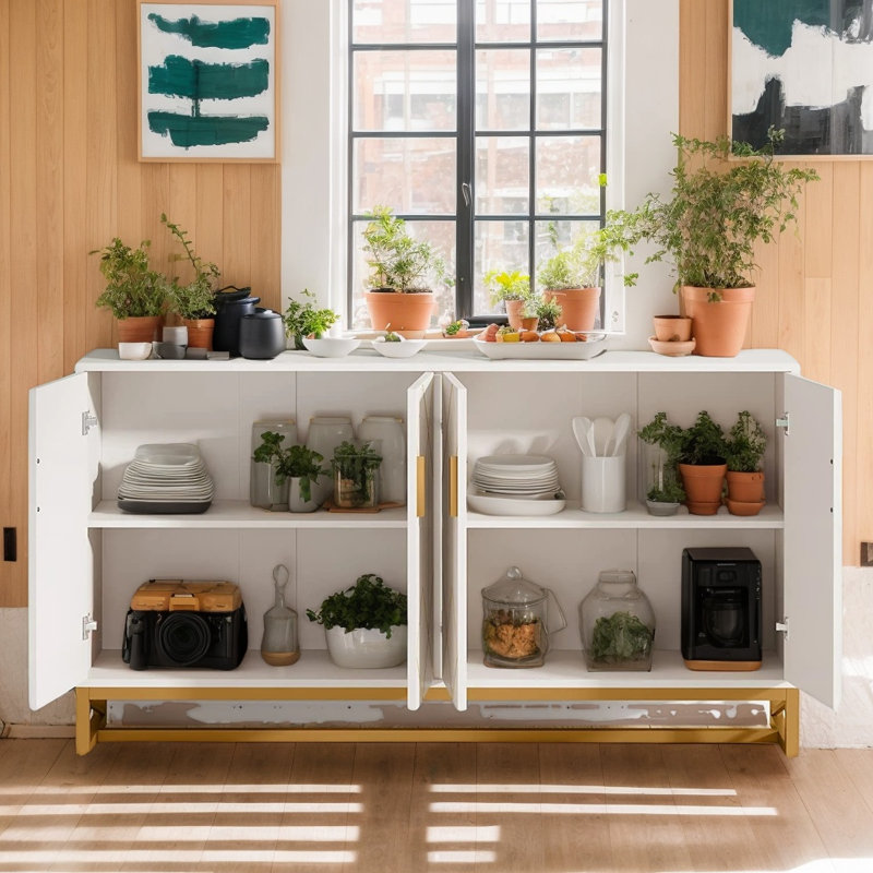 Buffet de 59 po de large moderne et autoportant, armoire de rangement durable à portes fermées pour espaces de cuisine et de salle à manger