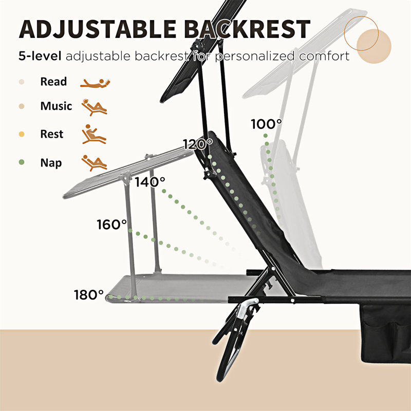 Chaise longue pliante à dossier réglable pour l'extérieur avec toit pare-soleil, Black