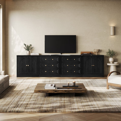 Buffet modulaire moderne Monos avec placards de rangement à portes cintrées et placards bas à 3 tiroirs, noir
