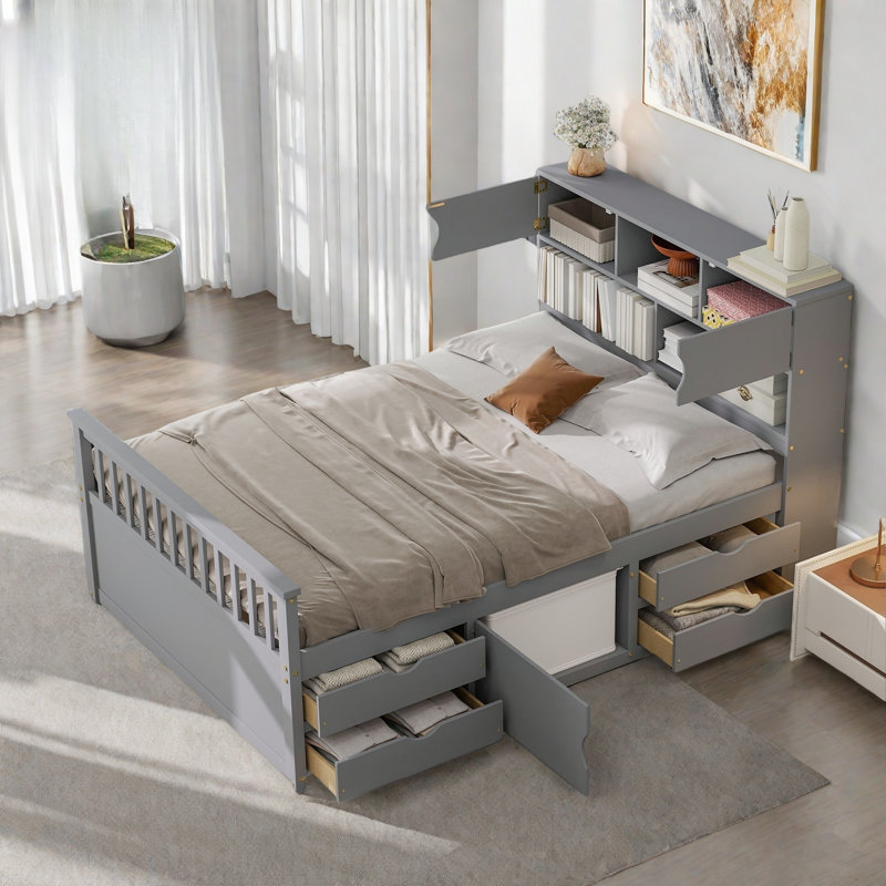 Lit plateforme double pleine grandeur avec bibliothèques de rangement et tablettes, quatre tiroirs, gris