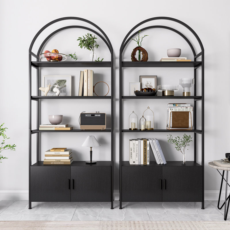 Gretlies Gold Bookshelf Arched Bookcase With Doors Hidden Storage Luxury Sideboard, Black