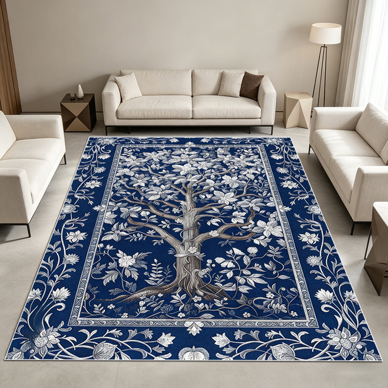 1PC Vintage Navy Blue & White Floral Tree of Life Chinoiserie Botanical area rugs, Soft and Comfortable, easy-to-maintain, machine washable Indoor floor mat, suitable for living room, bedroom, dining room, entryway, kitchen, Home Decor, Outdoor Decor
