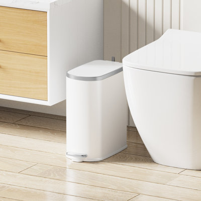 2.6 Gallon Slim Bathroom Trash Can With Slow-closed Lid, Step Pedal, 9L Stainless Steel Garbage Can With Removable Inner Bucket, Built-in Odor Filter, Small Wastebasket For Bathroom, Toilet, Home Office, Bedroom (White)