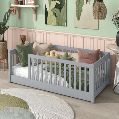 Twin Size Rubber Wood Floor Bed with Safety Guardrails for Compact Rooms and Kids