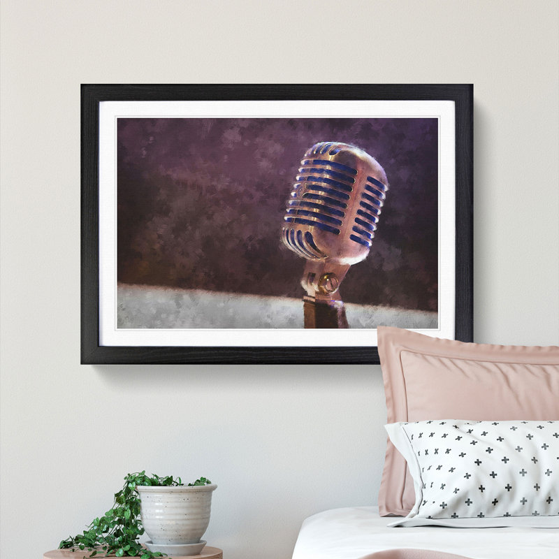 Steel Vocal Microphone - Framed Print, 24cm H x 33cm W x 2cm D, Black Framed