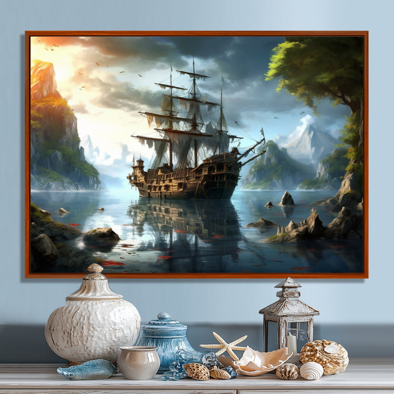 Bateau pirate en mer - art mural pirate, H 34 po x l 44 po x P 1,5 po, Cadre flottant brun