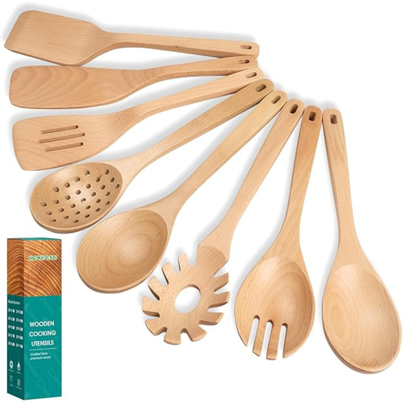 Ensemble de 8 ustensiles de cuisine en bois de hêtre avec cuillères en bois pour la cuisine et cuillère à pâtes anti-adhésive