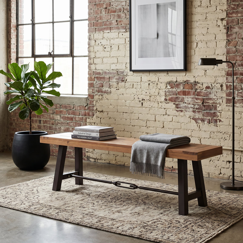 Banc de salle à manger d'extérieur sans dossier en fer et bois d'acacia l 63 po x P 14,5 po x H 17,75 po Christopher Knight Home