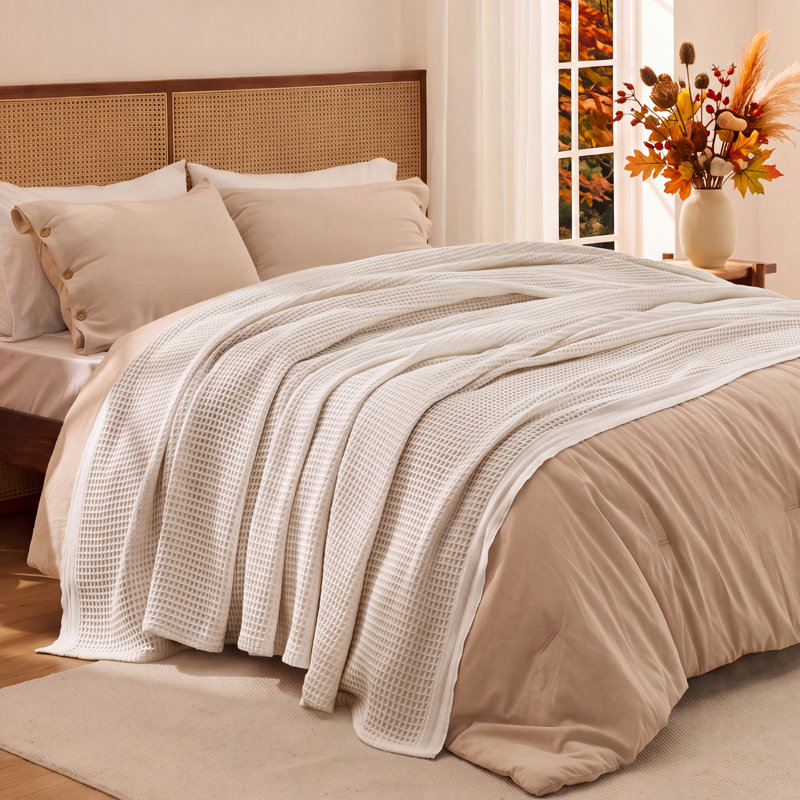 Jeté 100% coton 406 g / m² Literie respirant gaufré GentleSoft ™, Grand lit, Beige
