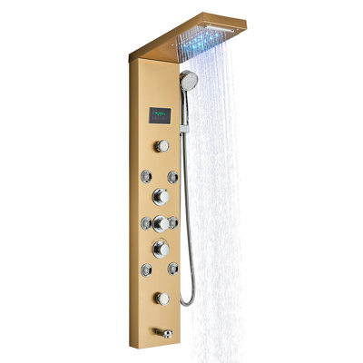 Système de panneau de douche avec brume de lumière à DEL et douche à effet pluie, jet pour le corps, douchette, bec de baignoire et affichage de la température, tour de douche à DEL en acier inoxydable noir mat