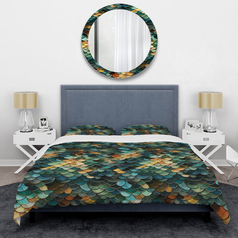 Ensemble de housse de couette à motif abstrait mosaïque émeraude et bleue, Housse de couette pour grand lit et 2 taies décor
