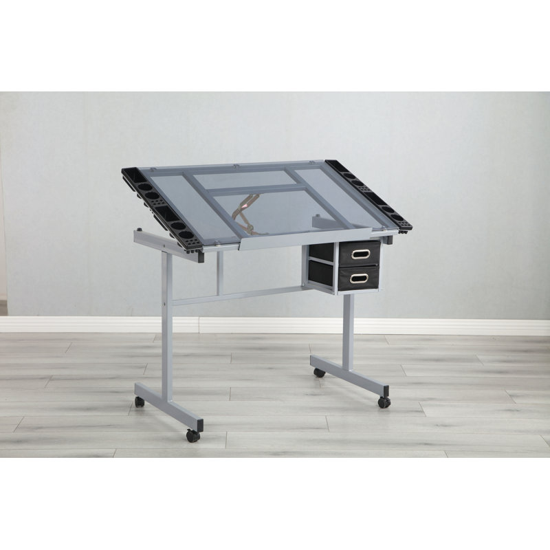 Bureau de dessin réglable réglable avec 2 tiroirs en tissu et 4 roulettes