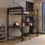 Lit mezzanine avec bureau en L et tablettes, base de lit avec station de charge et lumières DEL