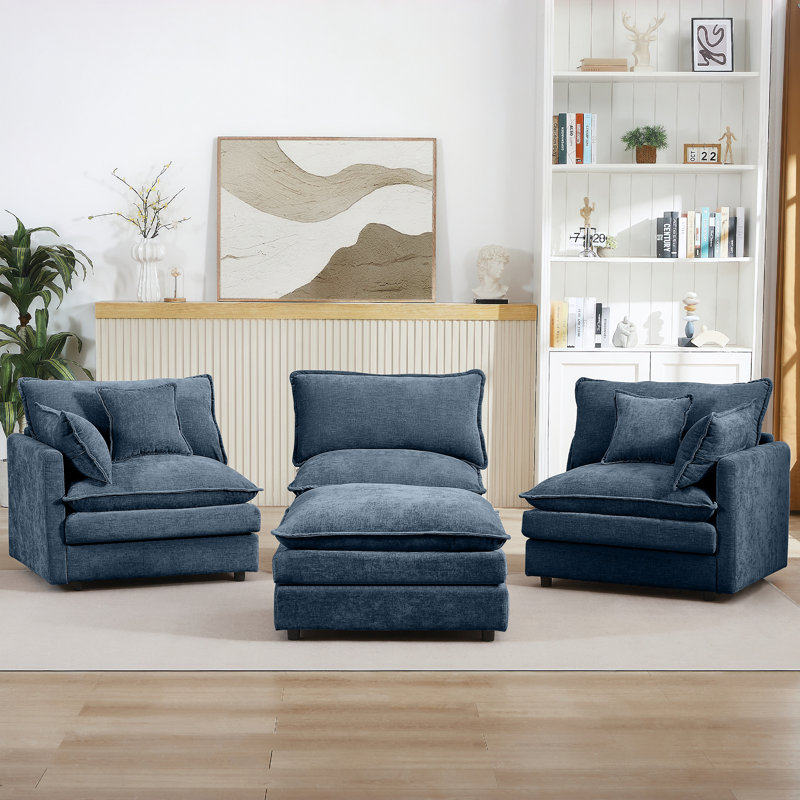 Modular Sectional Sofa, 105 Inch L Shaped Couch Set for Living Room, 3-Seater Comfy Cloud Couches with Movable Ottoman, DIY Combination, Chenille, Blue