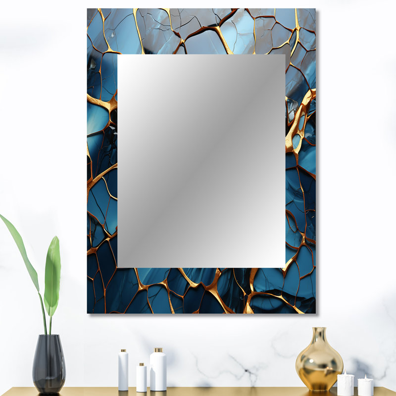 Or et or marbre bleu mosaïque agate I - miroir mural abstrait unique, miroir moderne, art imprimé en métal, 40 po x 30 po