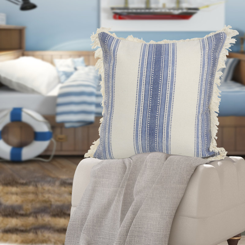 Blue and White Coastal Cotton Striped Square Throw Pillow