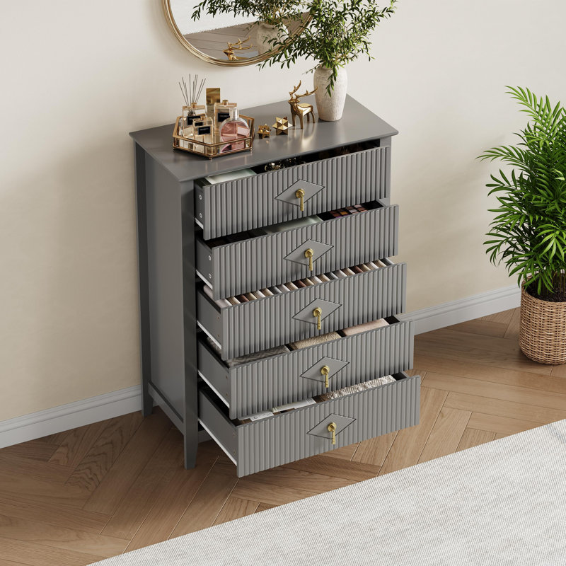 Commode moderne à 5 tiroirs pour chambre à coucher, commode en bois cannelée avec plateau large pour télé, meuble télé pour salon