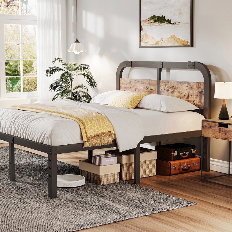 Amylia Black Metal Platform Bed with 40-Inch Solid Wood Headboard, Underbed Storage, Noise-Free Support, No Box Spring Needed