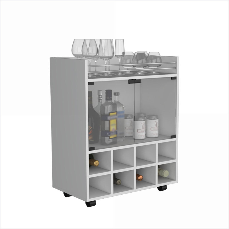 Chariot-bar avec porte-bouteilles, rangement pour porte en verre et 4 roues - blanc neige pour la cuisine / le salon | Blanc | Panneau de particules