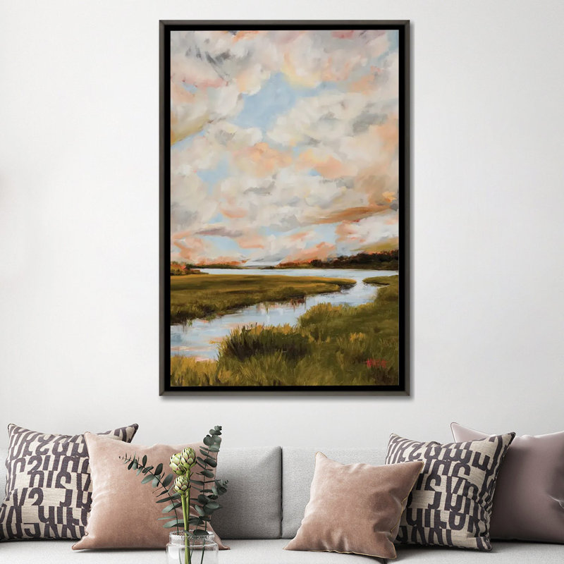 Warm Clouds Over The Marsh by April Moffatt iCanvas, Dark Rustic Wood Floater Frame Canvas, 60" H x 40" W x 1.5" D