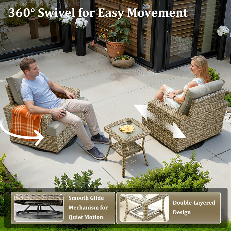 Carolle Outdoor Swivel Rocking Chair Set With Side Table, Wicker Patio Lounge Chair With Cushions & Wide Armrests, Dark Gray