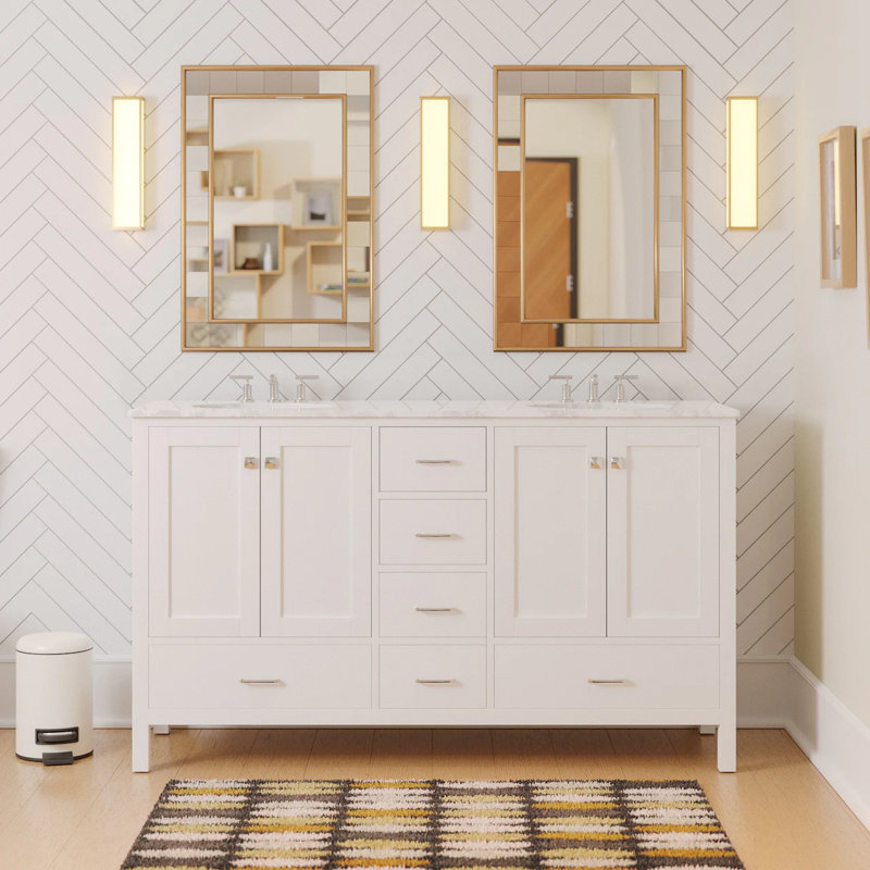 Ensemble de meuble-lavabo double 60 po Claudett, Blanc, Carrara d'ingénierie
